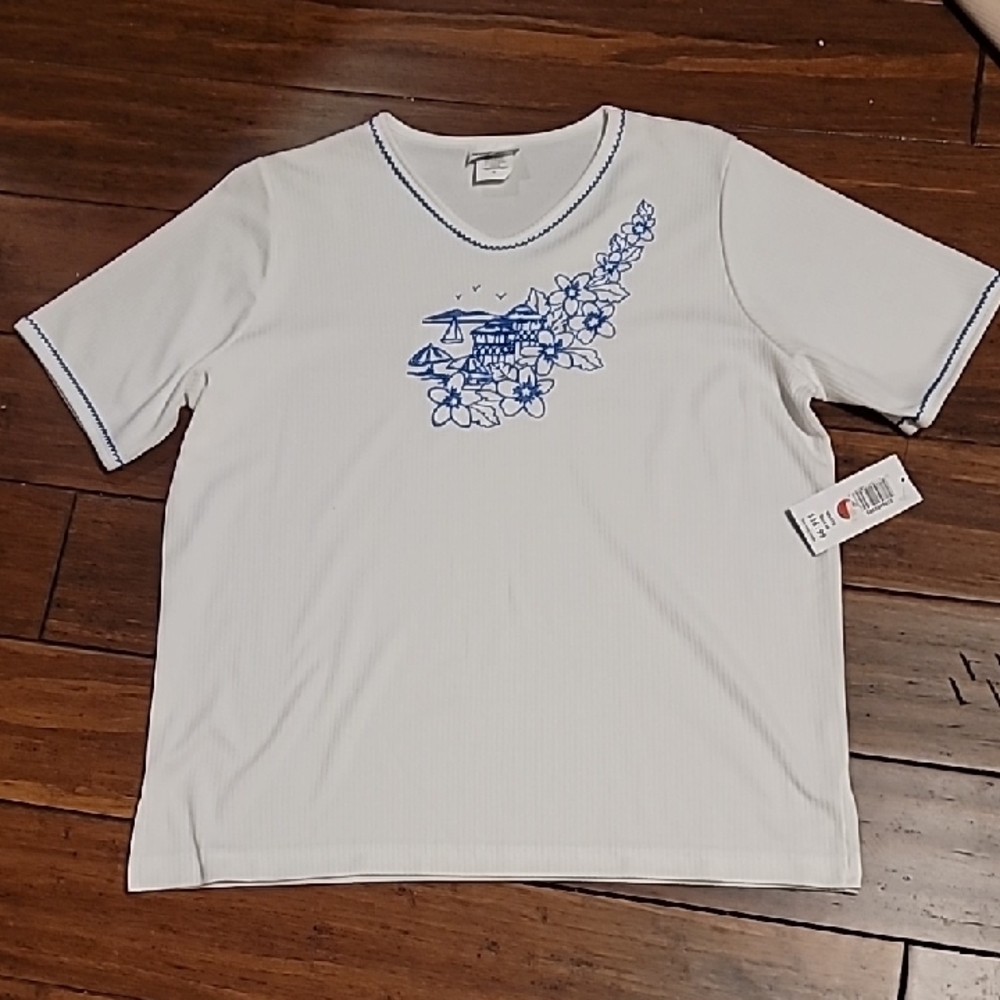 White T-Shirt with Blue Floral Design